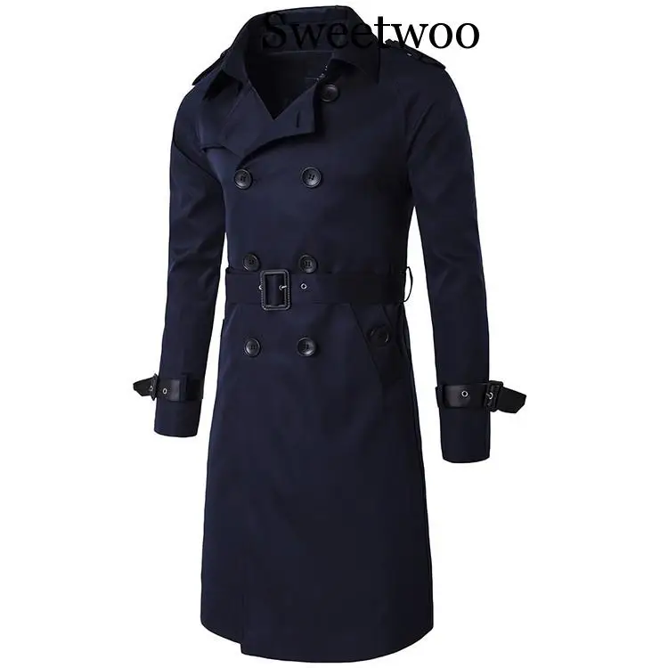 

Men Trenchcoat British Style Classic Trench Coat Jacket Double Breasted Long Slim Outwear Adjustable Belt Leather Sleeve Belt