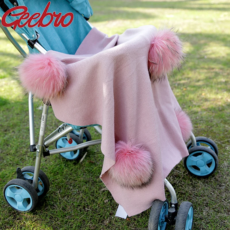 

Geebro Newborn Kids Baby Warm Cashmere Swaddling Blanket Travel Sleeping Blanket Bedding Swaddles With 6 Real Raccoon Fur Pompom