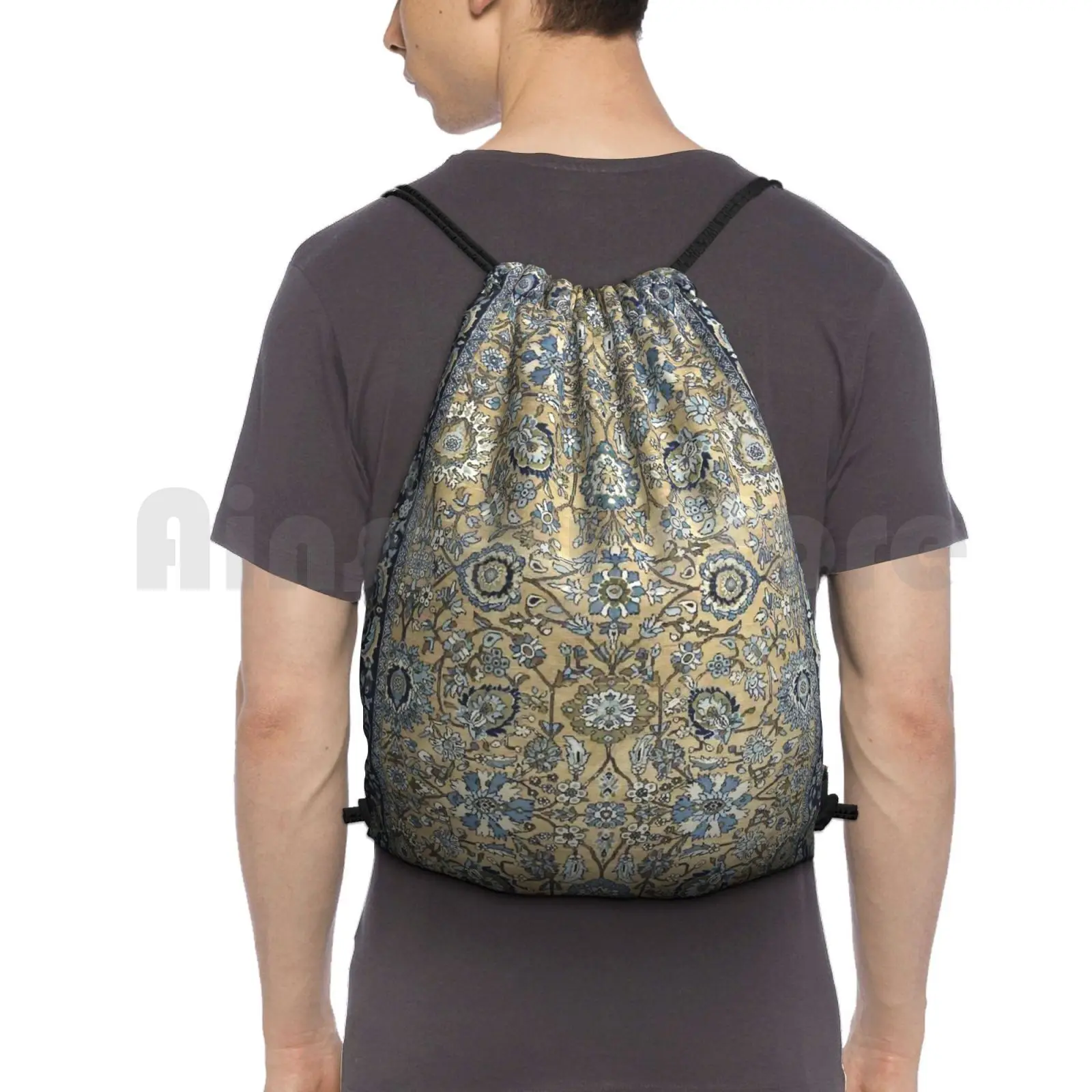 Antique Persian Sultanabad Rug Print Backpack Drawstring Bag Riding Climbing Gym Bag Vintage Vintage Rug Carpet Floral