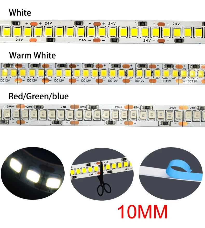 Tira de luces LED de 12V, 24V, 2835, 3mm, 4mm, 5mm, 6mm, forma de S, 8mm, 10mm, 15mm, ancho de PCB, cinta LED blanca/cálida, iluminación flexible de