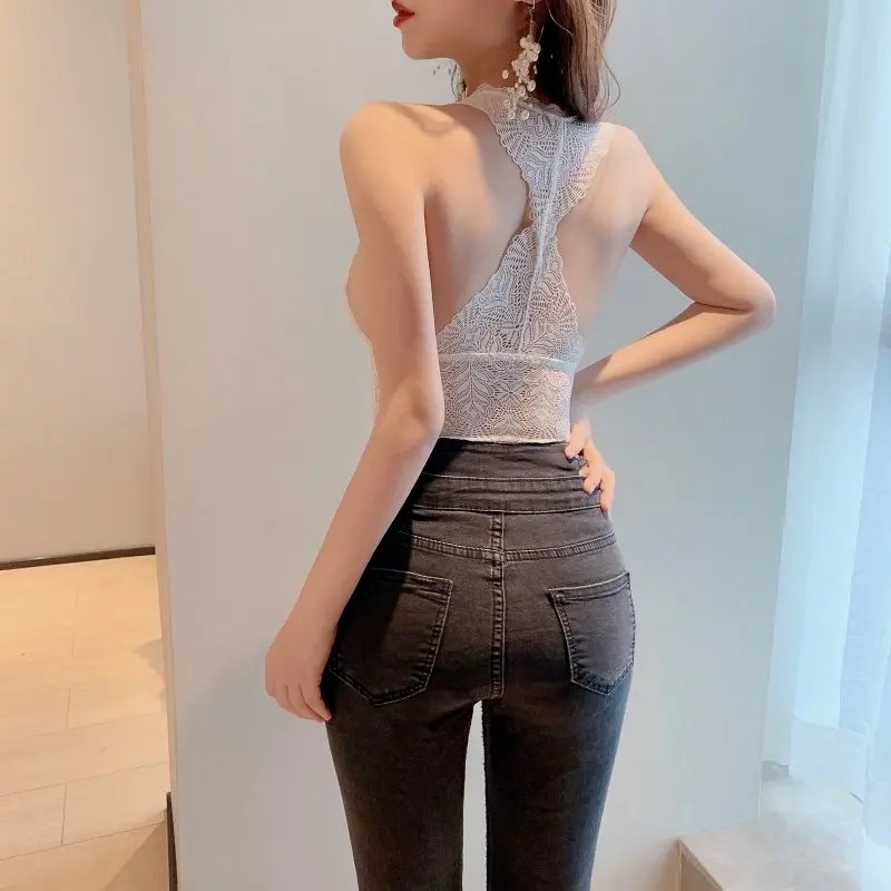 Women Sexy Lace Crop Top Crop Sleeveless Cropped Vest Slim Sling White Tank Top Low Cut Party Club Camisole High Elastic Camis