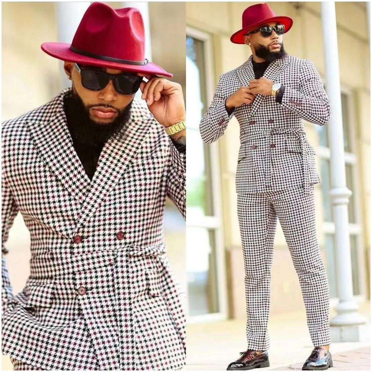 

Costume Homme Men Suits With Belt Plaid Houndstooth Tailor-Made 2 Pieces High Quality Formal Wedding Business Causal Prom