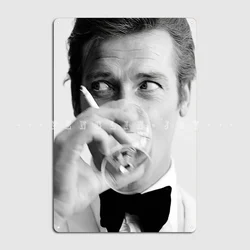 Roger Moore With Martini Retro Vintage Poster Metal Sign Wall Mural Cave Pub Vintage Painting Décor Tin Sign Posters