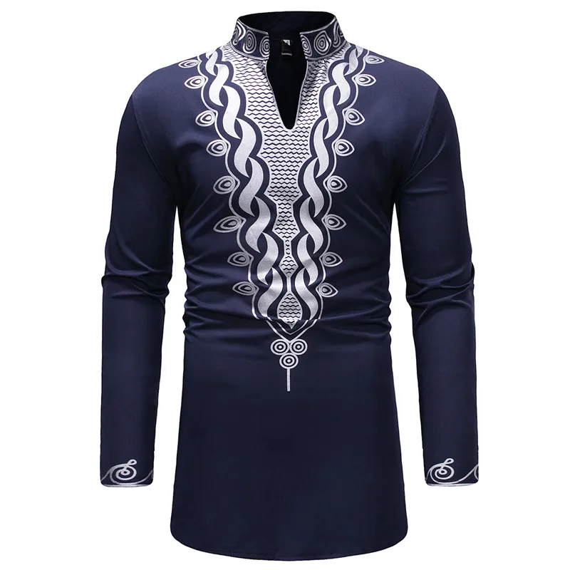 

African Dashiki Print Shirt Men Hipster Streetwear Extra Long African Clothes Men Slim Fit Long Sleeve Shirt Male Camisa Social