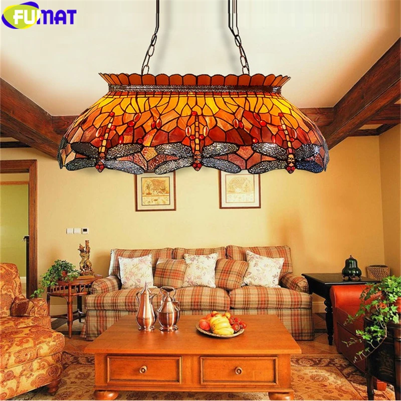 

FUMAT Tiffany Style Pendant Lamp Gold Dragonfly Stained Glass Gemstone For Living Dinning Room Art Decoration Colorful Lights