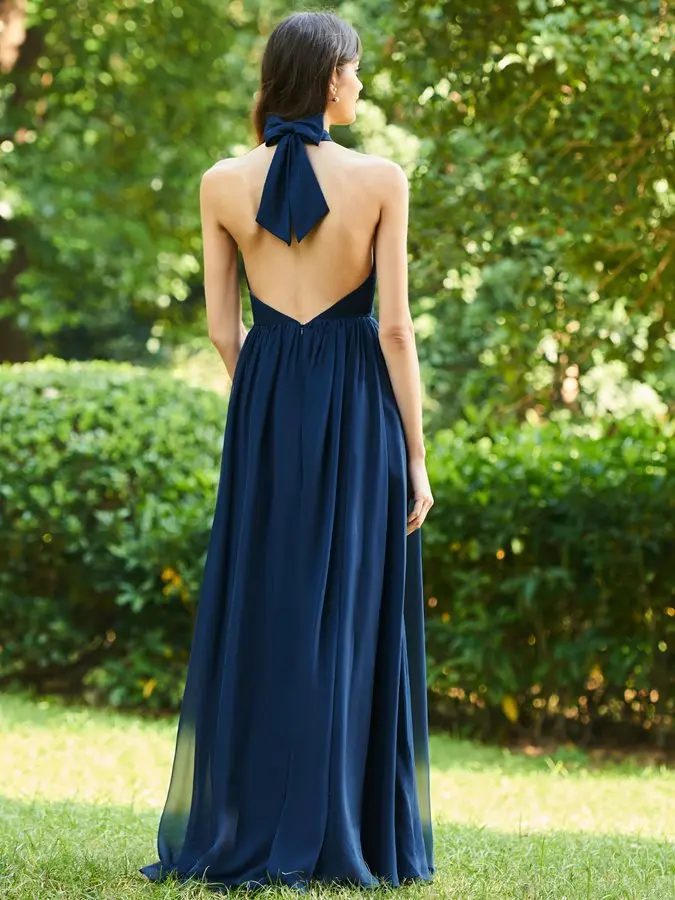 Neue Navy Blau Lange Brautjungfer Kleider 2019 Halter Bowknot Lange Backless Brautjungfer Kleid Chiffon Pageant Kleid Vestidos De Festa