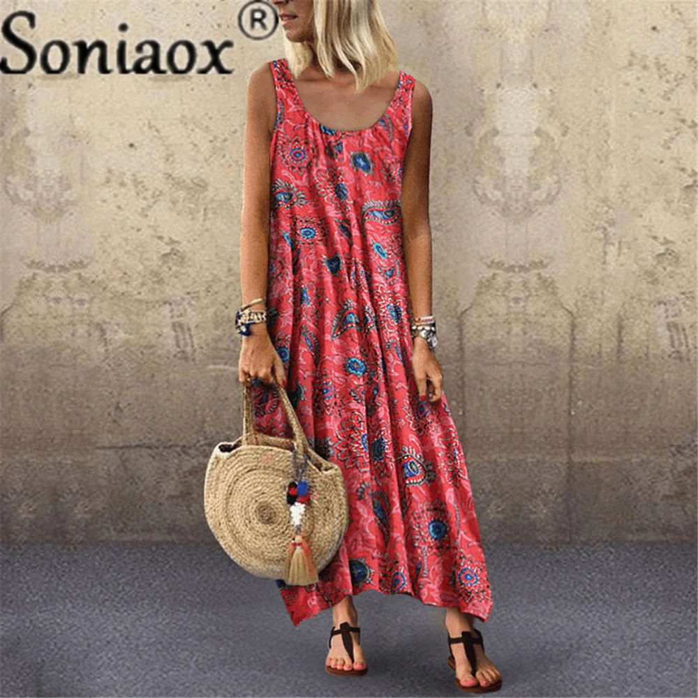 2021 Summer Fashion artystyczny nadruk damska sukienka Casual Loose O Neck średnio wysoka talia bez rękawów Ladies Beach długie sukienki