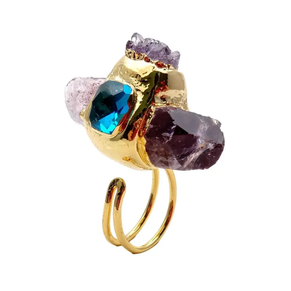 KKGEM  23x40mm Natural Purple Amethyst Point Druzy Rough Blue Crystal Ring Gold Plated Adjustable Gems Ring