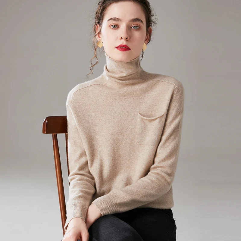 Hot Sale Women's Pile Collar Pure Color Cashmere Sweater With Pockets Loose Fashion High-End Versatile Knitting Chic Wool Base