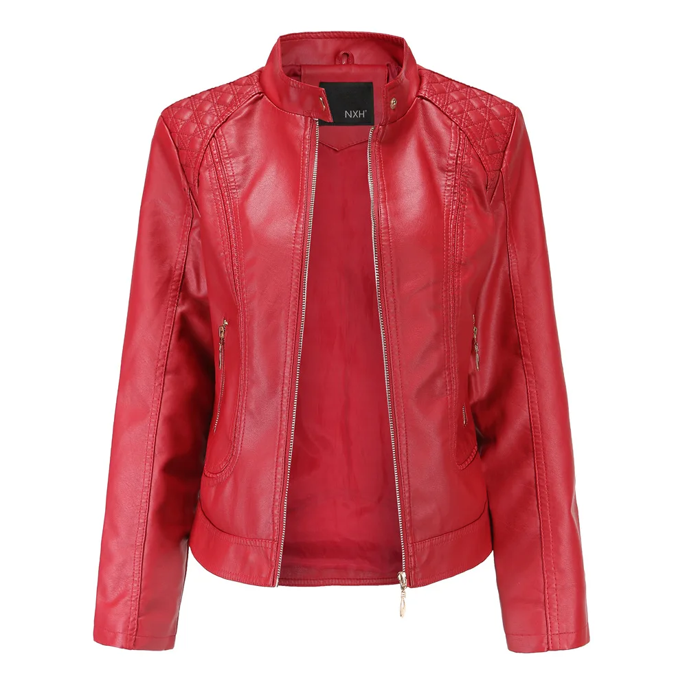 Spring and autumn temperament Europe and America large size PU leather jacket 3D embossed women\'s stand collar leather jacket