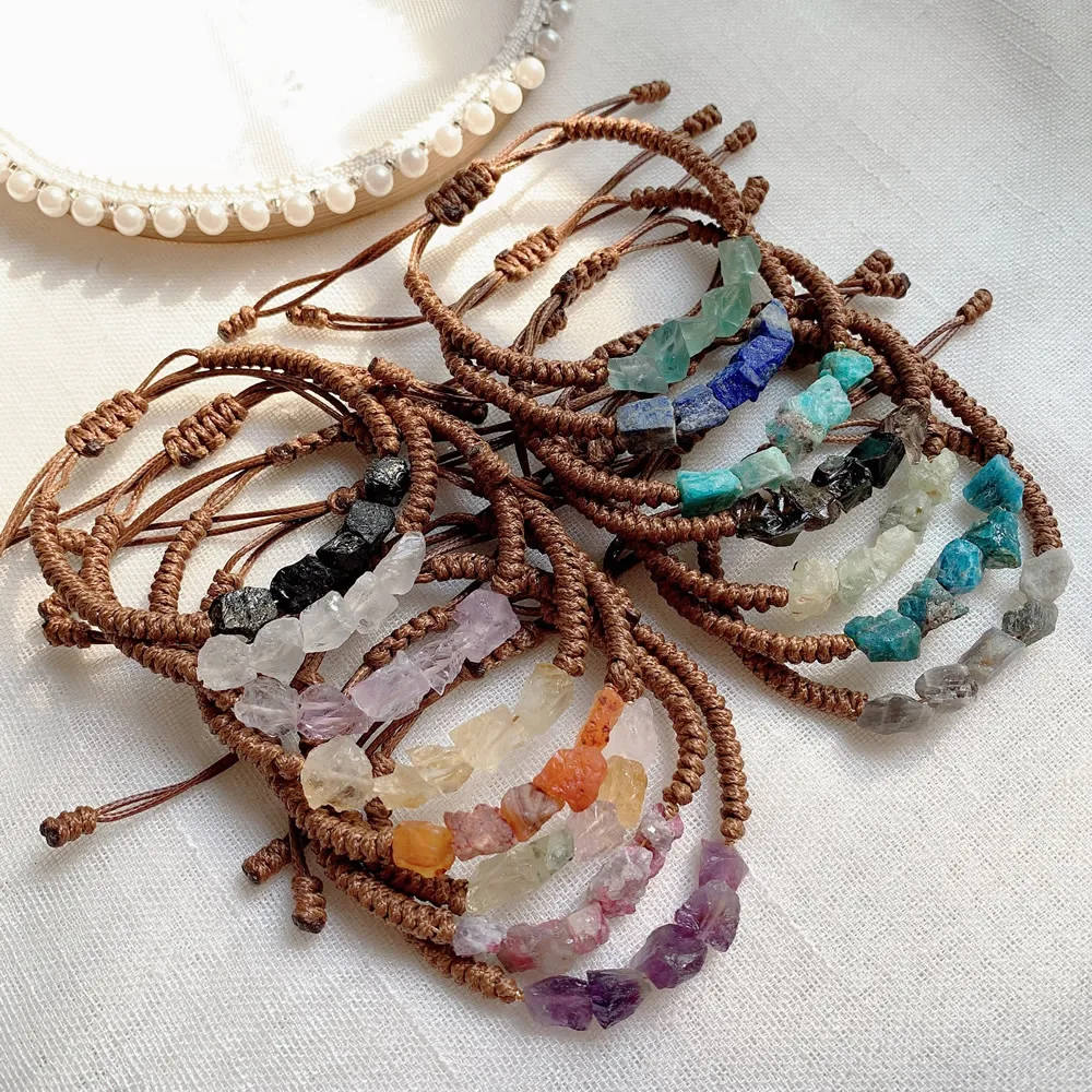 Natural Crystal Bracelet for Women Boho Rope Braided Wrap Ore Mineral Rock Fluorite Quartz Stone Purple Crystal Bracelet Healing