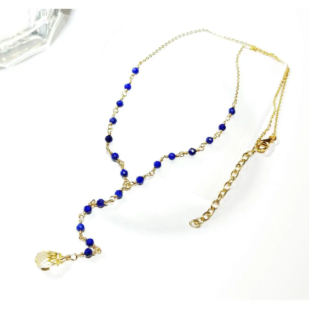 

Lii Ji Natural Lapis Lazuli Citrine Drop Bead 925 Sterling Silver Gold Plated Handmade Necklace 40+5cm