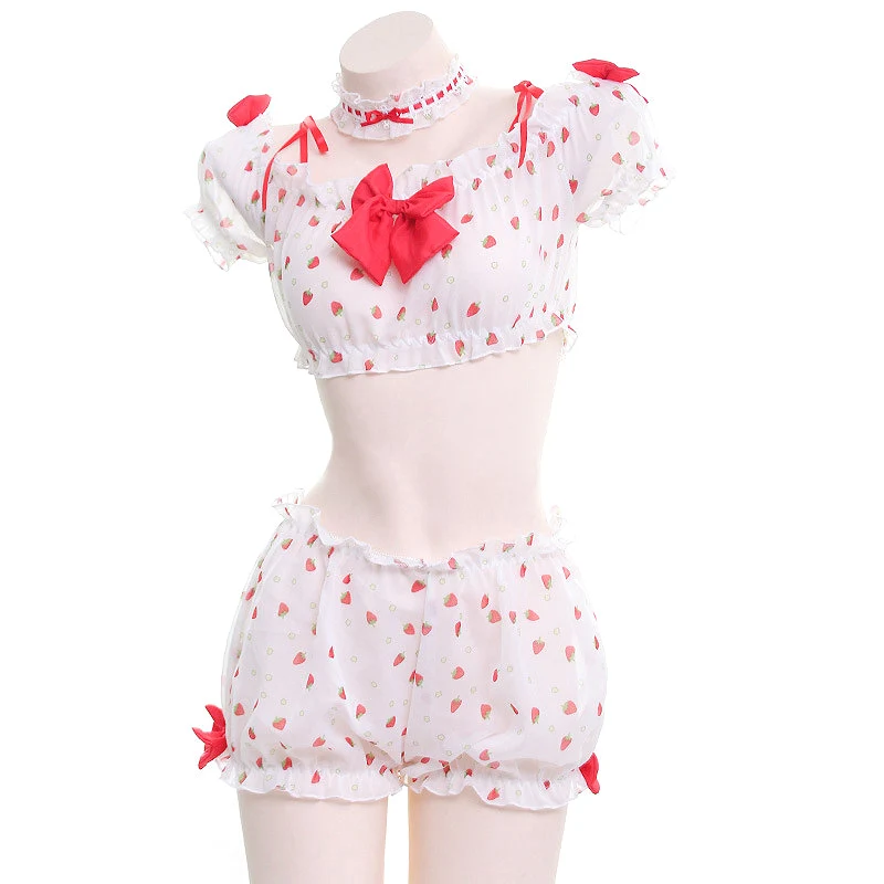 Women Sweet Strawberry Print Lingerie Set Ruffles Bowknot Crop Top Shorts Pajamas Kawaii Anime Lolita Cosplay Nightwear Lingerie