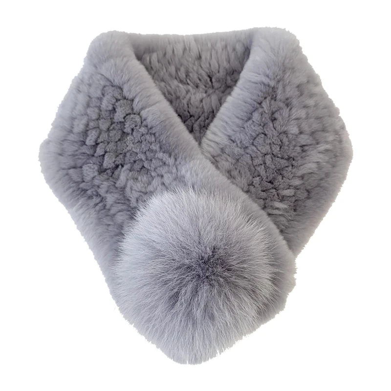 2021 New Women's Winter Real Rex Rabbit Fur Scarves Lady Wraps with Genuine Fox Fur Ball Pompom Knit Girls Neckchief Neck Warmer