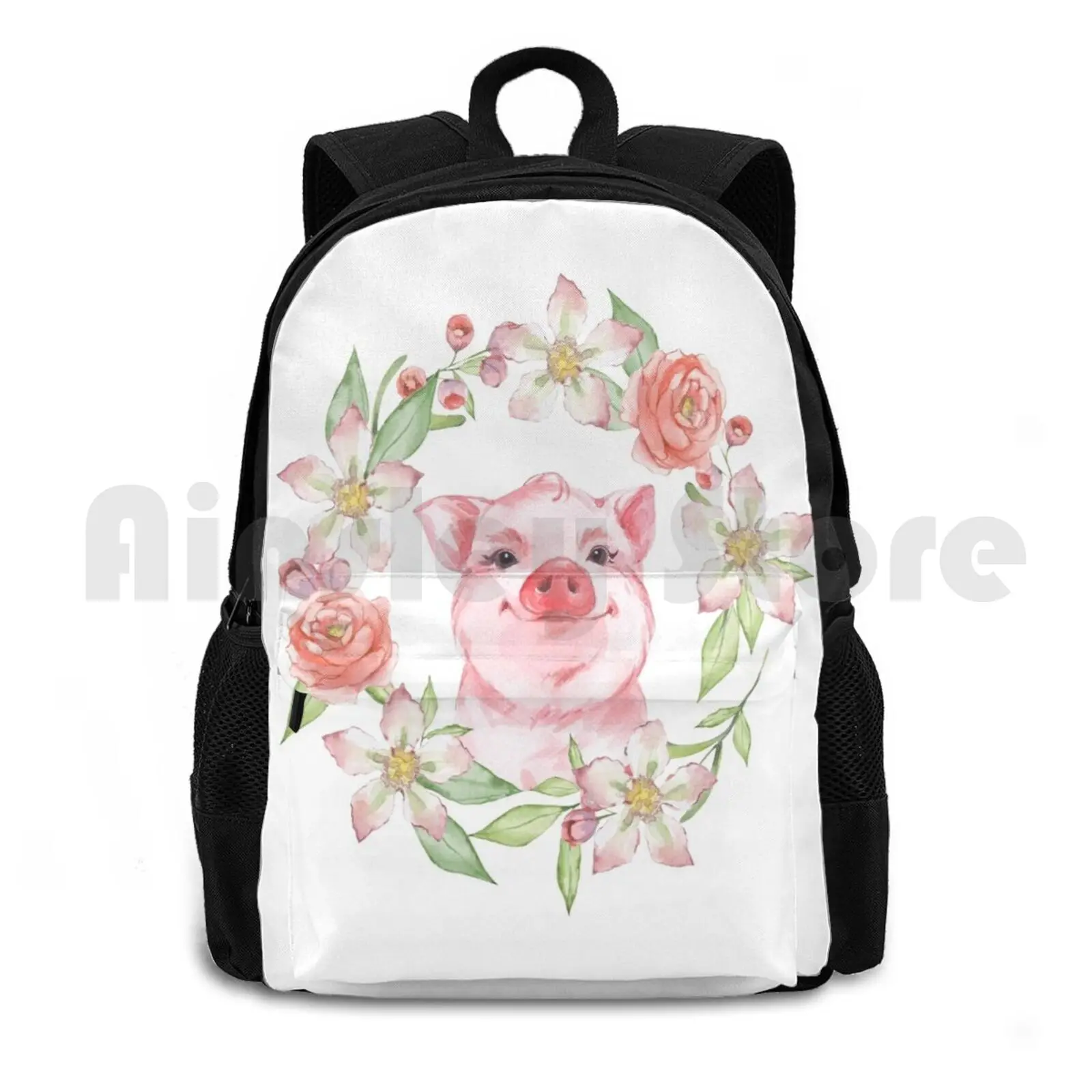 Pig And Flowers Outdoor Hiking Backpack Riding Climbing Sports Bag Baby Wreath Fun Floral Spring Circle Farm Cute Painted Round