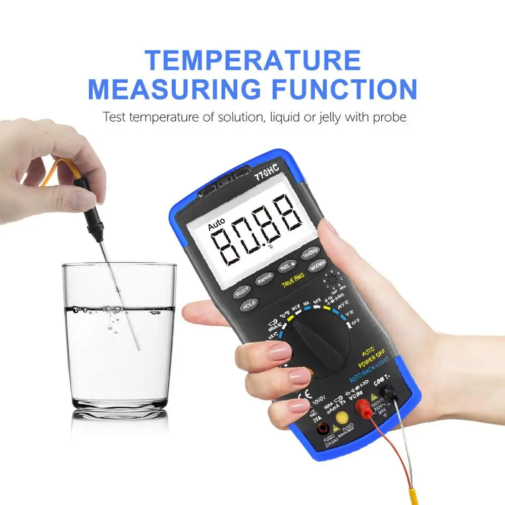 Digital Multimeter 770HC Auto Ranging AC/DC Voltage Current True RMS with NCV Feature and Temperature/Frequency/Duty Cycle Test