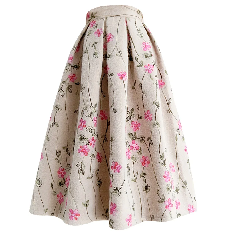 Autumn winter thick woolen ball gown skirt women high waist embroidered princess party umbrella skirt