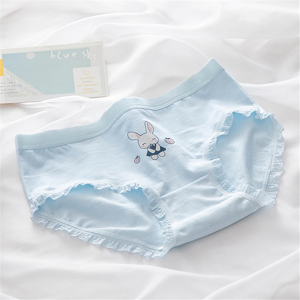 Japanese simple cloud water blue strawberry bunny girl underwear ladies Cotton Crotch middle-waist student briefs T8015