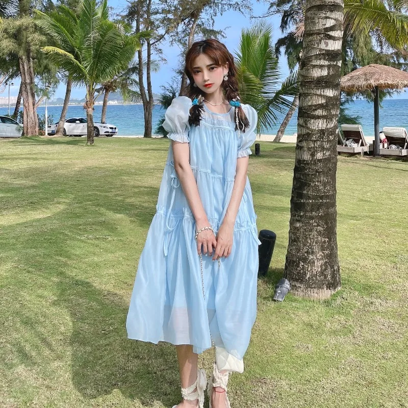 Mori Style lolita dress Sweet Super Fairy Tree Fungus-like Lacework Puff Sleeve Dress Children's Two-Piece Set 2021summer New