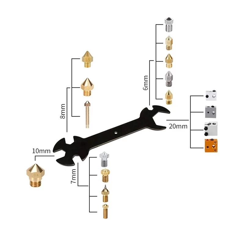 2 PCS/LOT 3D Printer Wrench 5 in 1 Multi-Function Upgrade DIY Wrench Spanner Nozzle Change Tool for MK8 MK10 UM2 E3D V6 Extruder