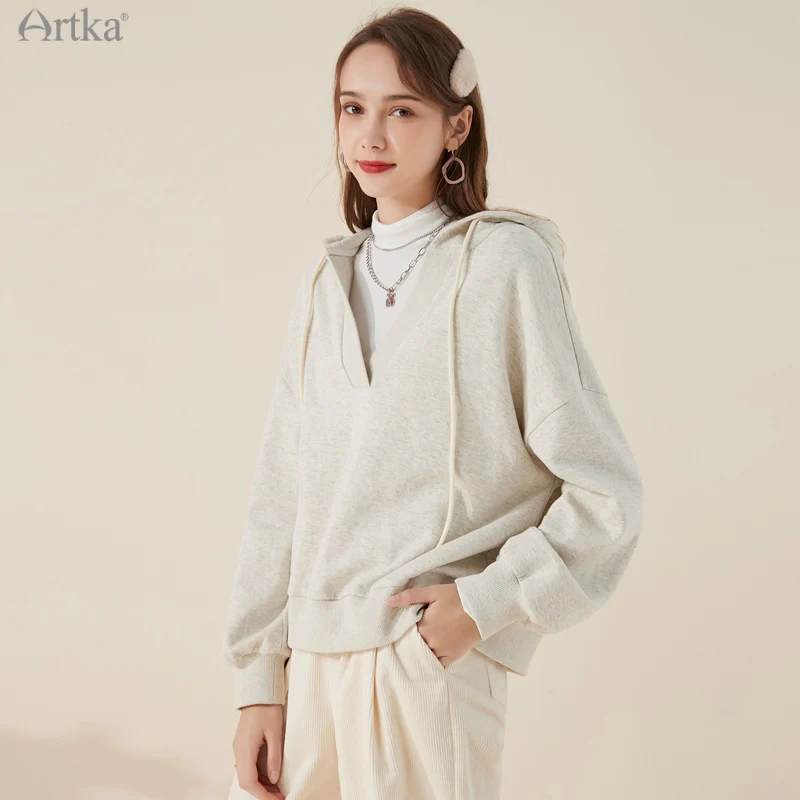 ARTKA 2021 Autumn New Women Hoodies Fashion Casual Pullover V-Neck Hoodies Loose Long Sleeve Gray Hooded Sweatshirt VA20016D