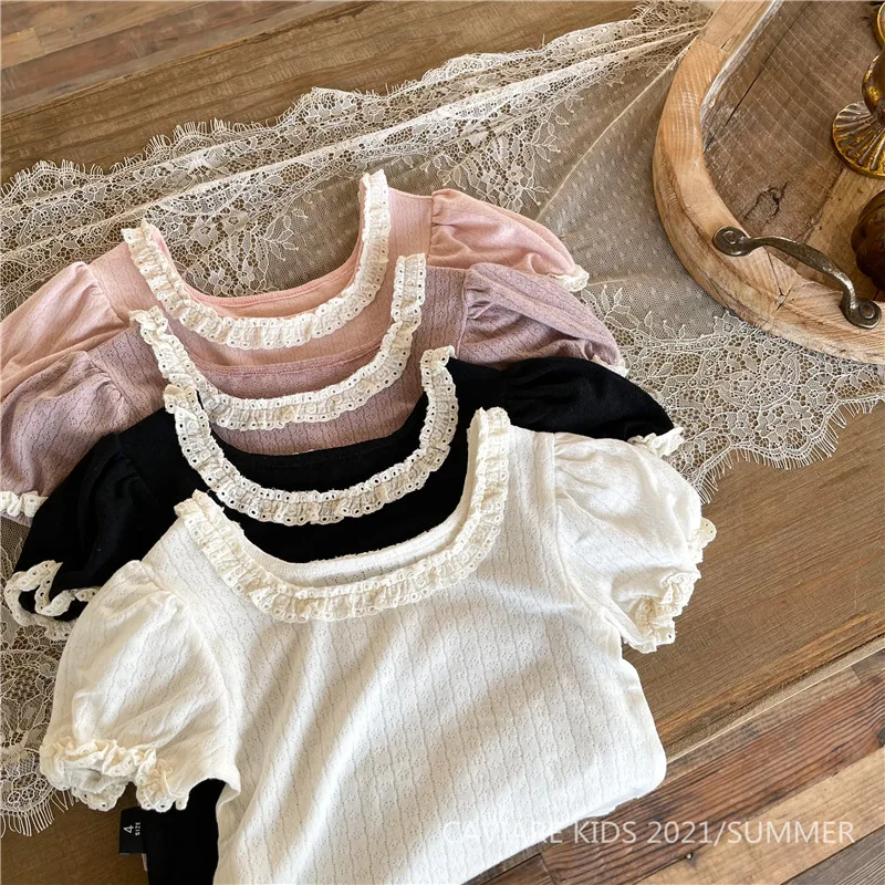 Sweet Lace Shirt for Girls Clothes Summer Thin Breathable Cotton Kids Shirt Toddler Mesh Blouse Children t Shirt Teenager Tops