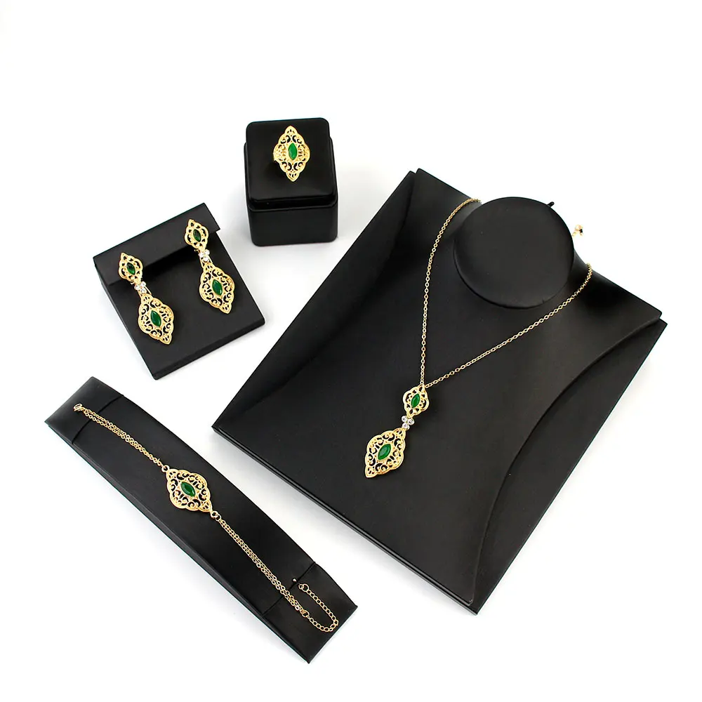 Sunspicems Chic Algerian Moroccan Bride Wedding Jewelry Set For Women Gold Color Earring Necklace Bracelet Ring 4pcs Arab Bijoux