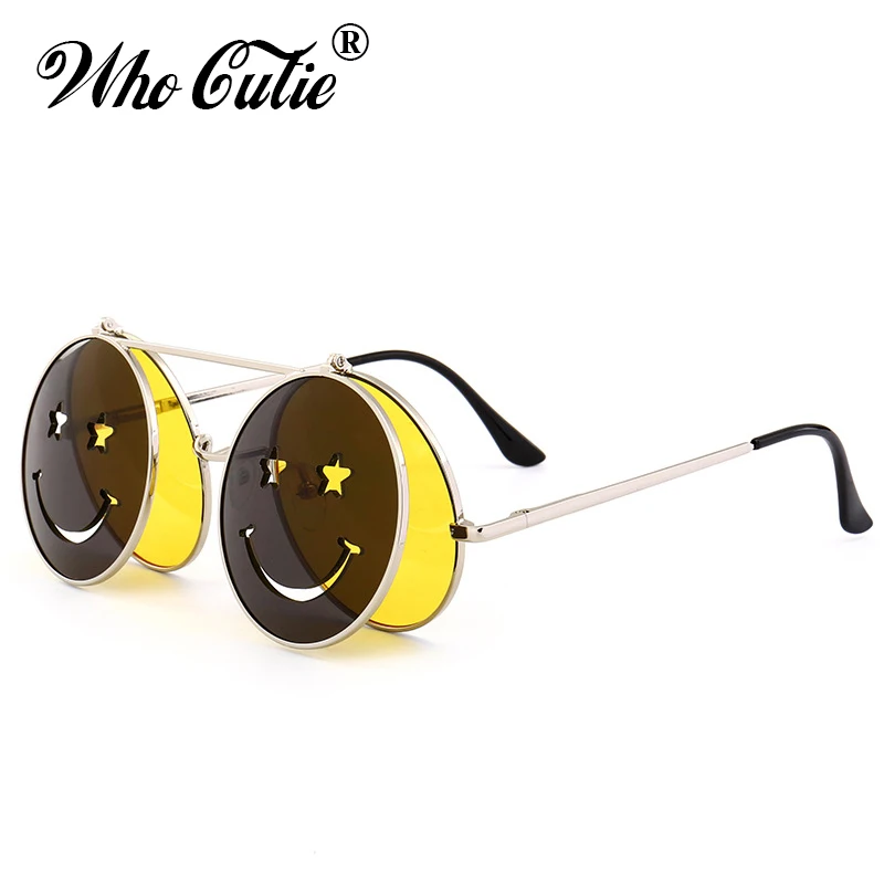 WHO CUTIE Round Flip Up Sunglasses Women Men Vintage Retro Steampunk Metal Frame Red Yellow Clip On Funny Sun Glasses OM486