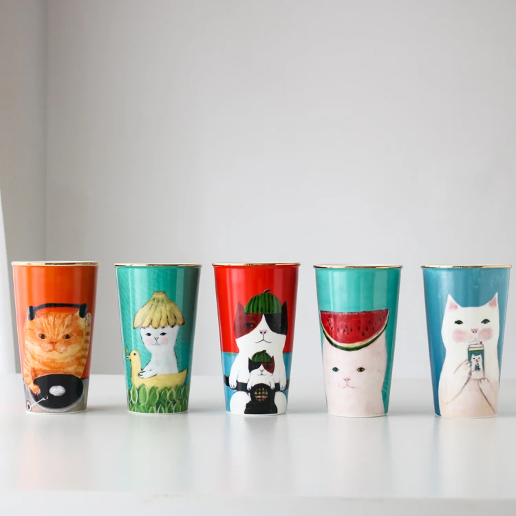 

Creative Illustration Design Cat Large Capacity Tall Tube Gold Edge Milk Tea Cup/Coffee Cup