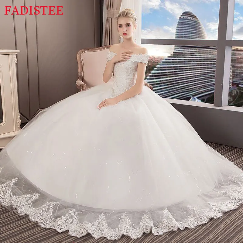 FADISTEE Wedding Dresses Illusion V-Neck Short Tulle Lace Crystal Sequined Embroidery Backless Off The Shoulder Women Bride Gown