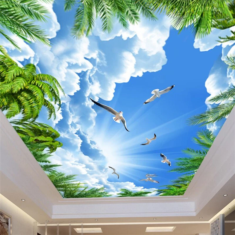 wellyu Customized large mural wallpaper papel de parede para quarto cocoa blue sky white cloud seagull ceiling mural wallpaper