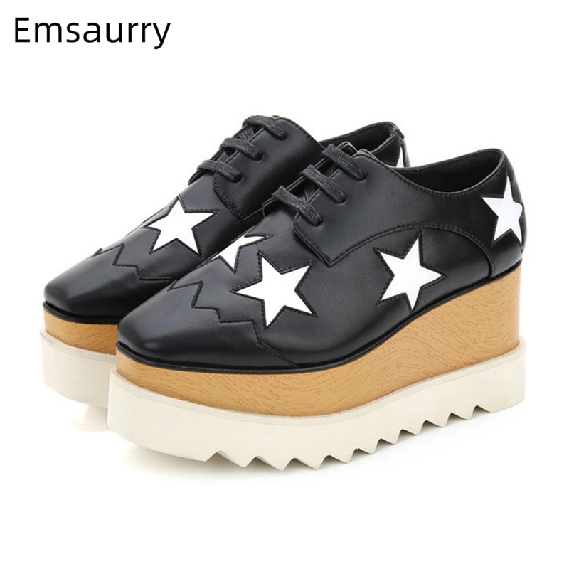 Shiny Five-pointed Stars Flat Platform Women Shoes Square Toe Lace Up Leather Wedges British Style Casual Shoes Woman