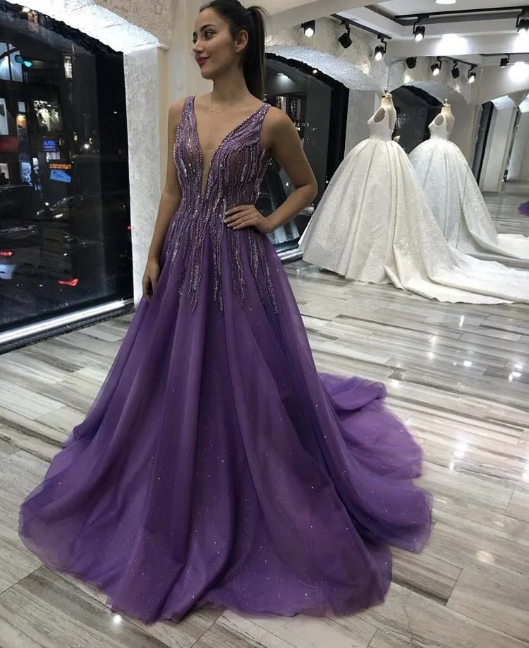 Sexy Plunging V Neck Beaded Heavily Sleeveless Low Back Sweep Train Purple Prom Dress