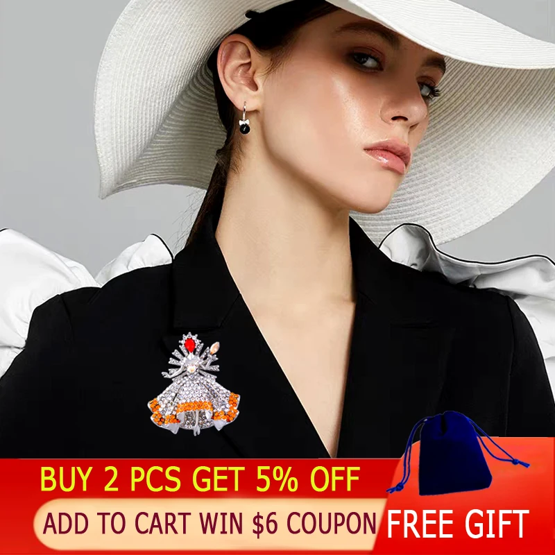 LEEKER Luxury Full Crystal Angel Brooch For Women Pin With Solid Skirt Shaped Vintage Jewelry Accessories ZD1 LK2