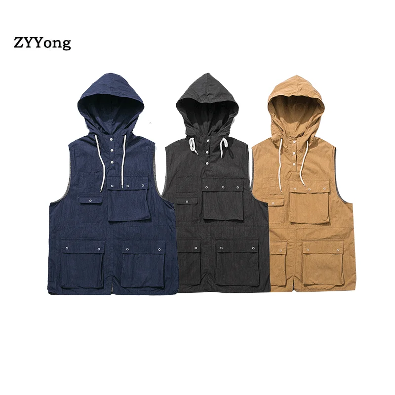 2020 Multi Pocket Hooded Waistcoat Summer Vest With Pockets Men Spring Summer Autumn Breathable Military Green Sleeveless Jacket