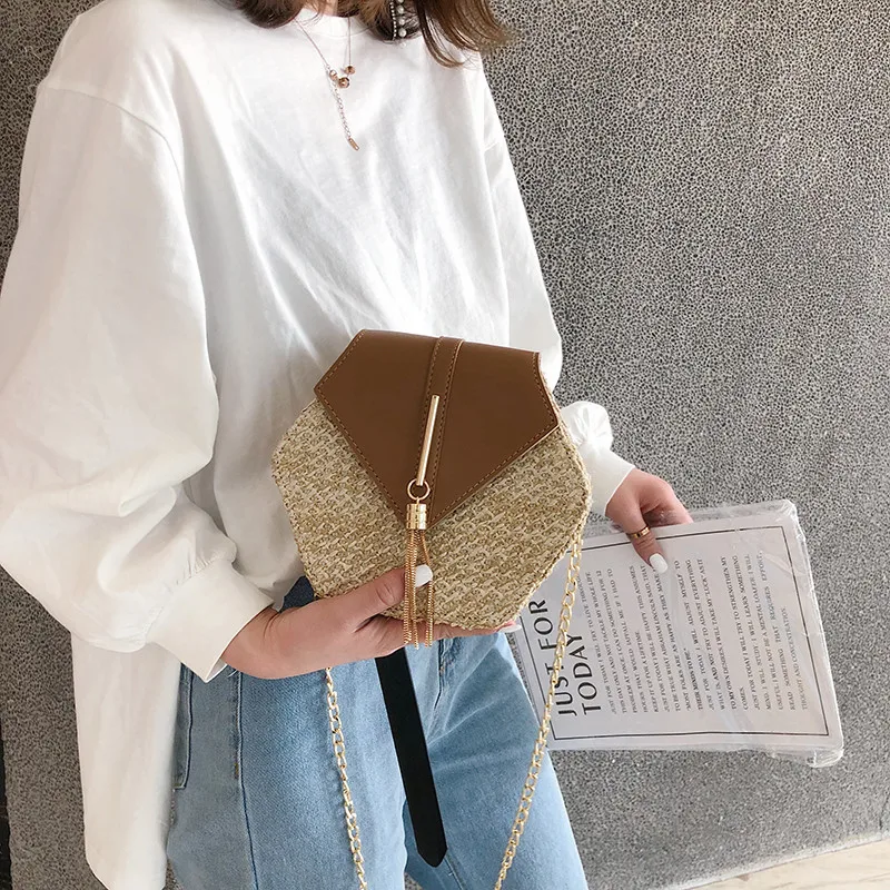 2021 Hexagon  Style Straw+leather Handbag Women Summer Rattan Bag Handmade Woven Beach Circle Bohemia Shoulder Bag