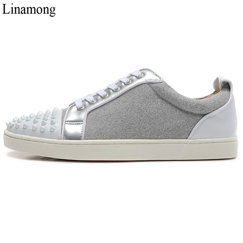 

Fashion Men Silver Gray Patchwork Spikes Low Tops Rivets Studded Round Toe Thick Sole Lace-up Casual Shoes Sneakers Man