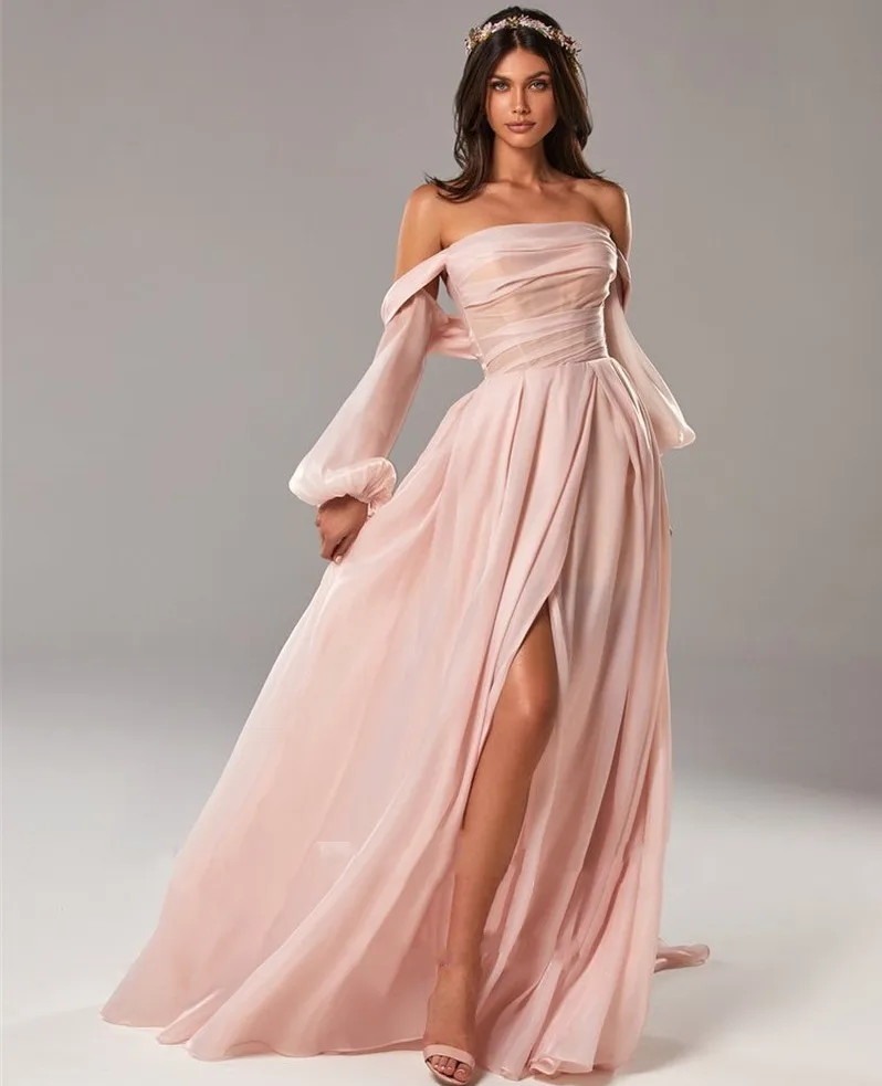 

Sexy Blush Pink Long Evening Dresses 2024 Off the Shoulder High Side Slit Women Prom Party Gowns Vestidos Robe De Soiree