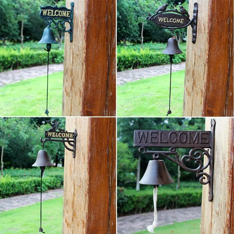 Nordic Country Retro Wrought Iron Welcome Doorbell Ornament Courtyard Garden Hand Bell Figurines Crafts Outdoor Villa Decoration