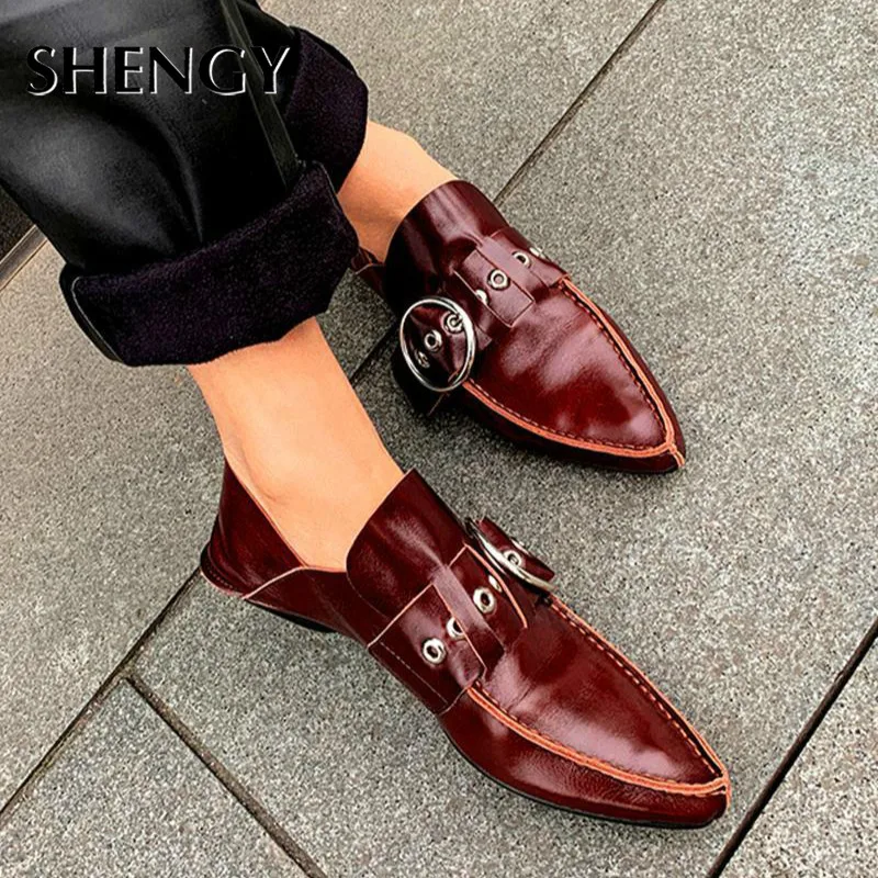 2023 Luxury Women Pointed Toe Ring Belt Loafers Slip-on Casual Officical Elegance Footwear Ladies Sandals