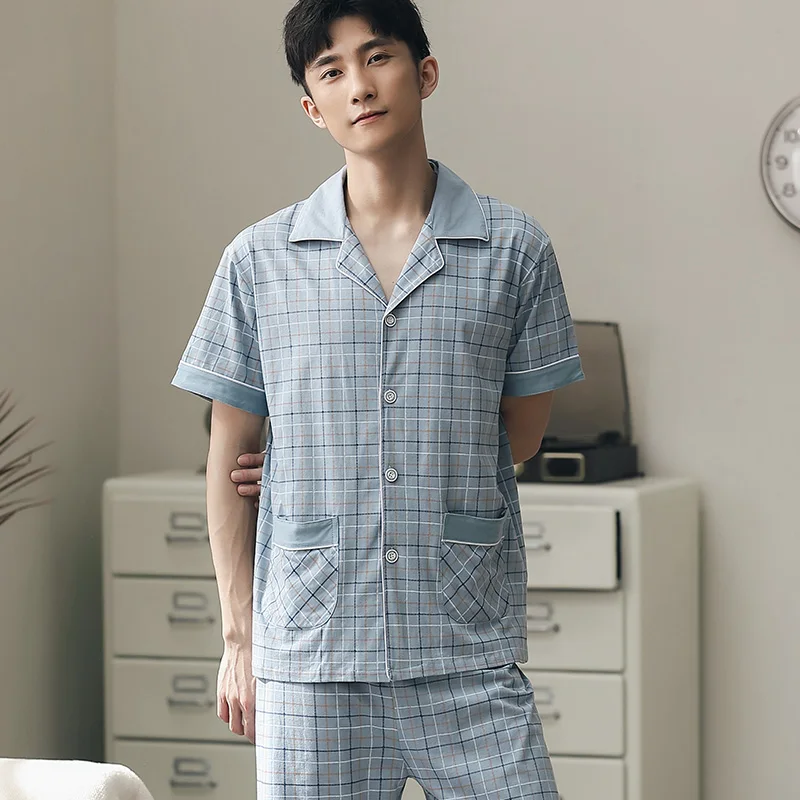 Summer Blue Plaid Pajama for Men Short Sleeves + Short Pant Sleepwear Cotton Pijama Hombre Home Clothes PJ Shorts Pyjama Homme