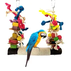 Parrot Toy Bird Bite Toy Perch Wooden Leather Colorful Building Block Cotton Rope Big Swing Standing Training Toys For Pet Birds