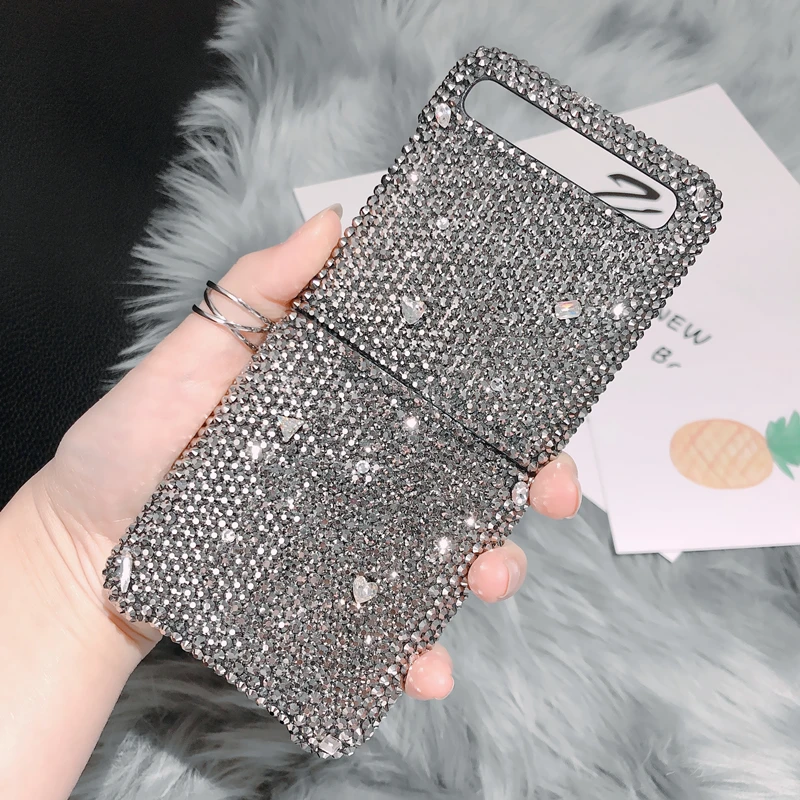 Fashion Cool DIY Metal Grey Full Bling Diamond Case Cover For Samsung Galaxy Z Flip 3 Z Fold 2 3 5G Luxury Handmade Case