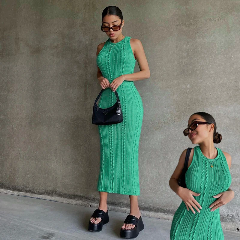 

SKMY Solid Color New Summer Clothes Fashion Nightclub Party Casual Knitted Sleeveless Round Neck Bodycon Dresses For Women 2024