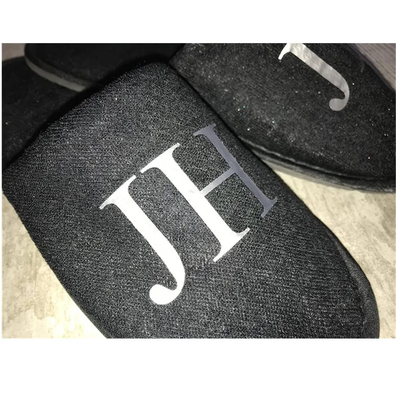 personalised silver initial mens weddng Slippers black bride groom Slippers groomsmen bridal party proposal gift hotel SPA favor