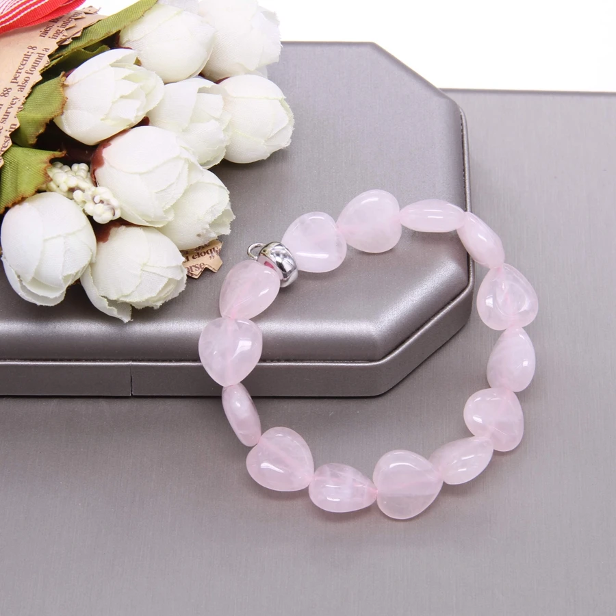 Thomas Heart Shape Rose Pink Quartz Bead Elastic Bracelet with Charm Carrier, Glamour Jewelry Soul Gift for Women TS B707