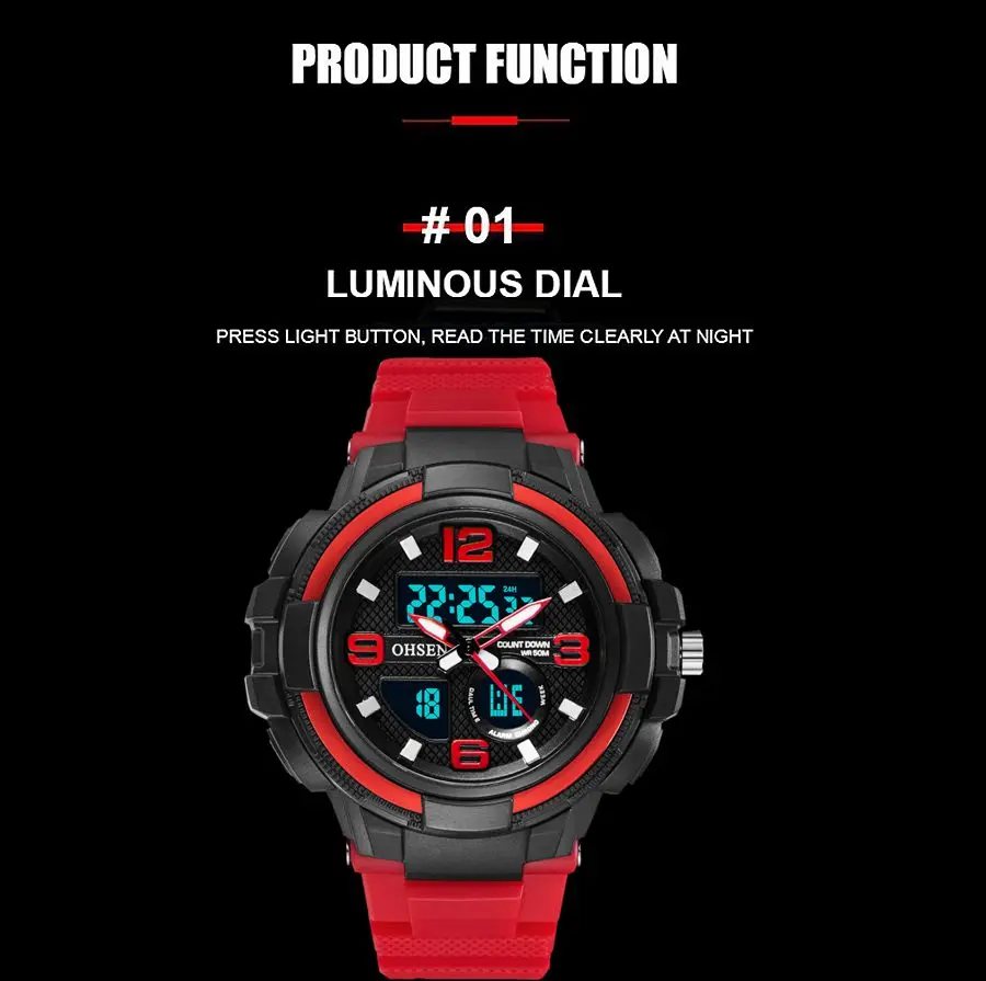 Digital Sport Watch for Men Dual time Waterproof Dual Time Tactical Men\'s Watches Red Silicone Quartz Male Military Clocks