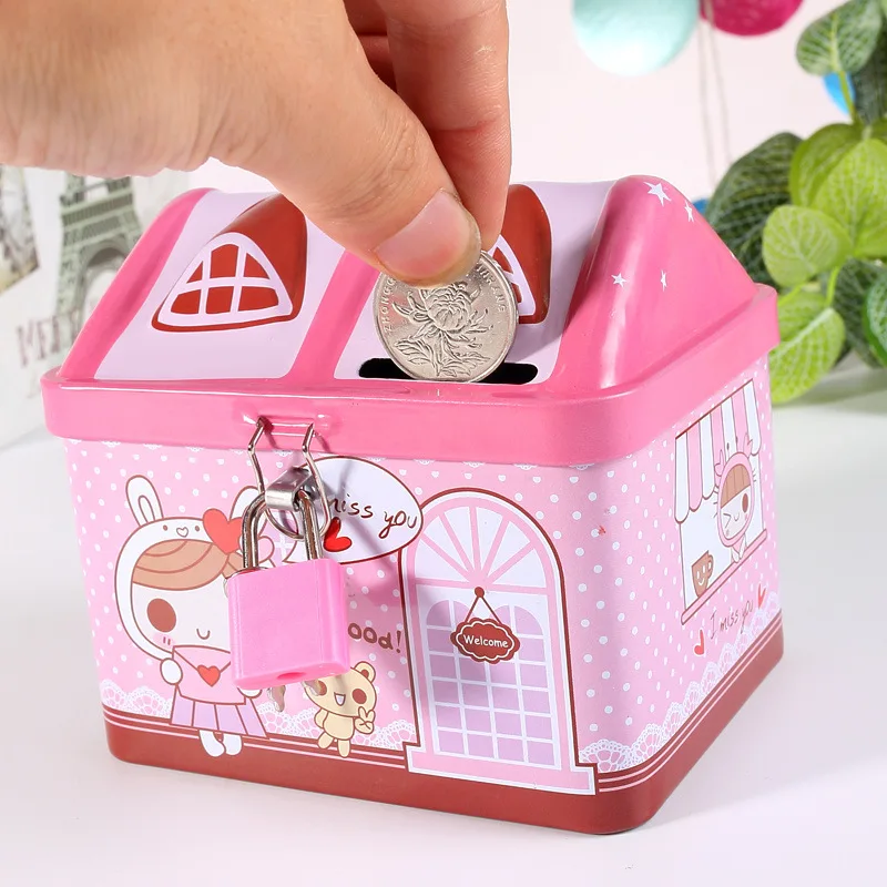 Small Unicorn Tinplate House Boys and Girls Piggy Bank Children's Cartoon Savings Change Coins Storage Box with Lock