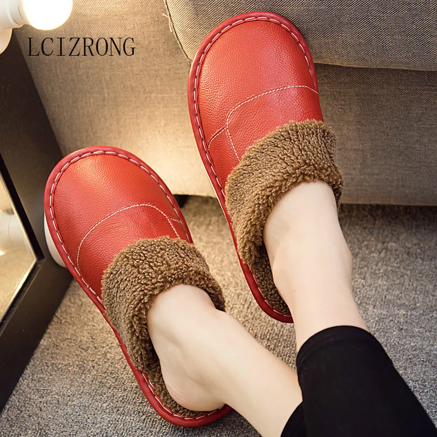 LCIZRONG Winter Genuine Leather Plush Home Slippers for Men Warm 46 Big Size Male /Women House Shoes Unisex Comfortable Slippers