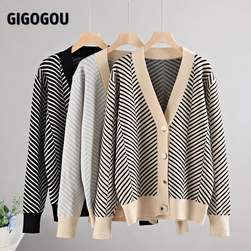 GIGOGOU Single Breasted V Neck Women Button Black Christmas Tree Cardigan Sweater Knitted Loose OverSized Jumper Top Jacket Coat